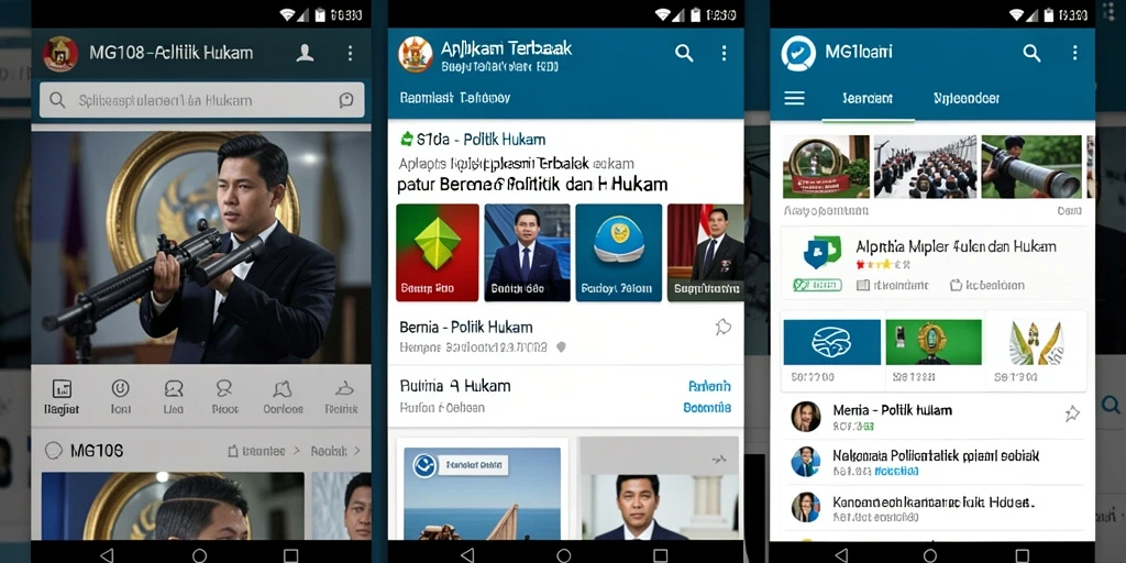 Antarmuka utama MG108 menampilkan berita politik dan hukum terkini.